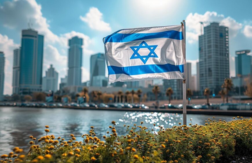 Israel's national flag, featuring two blue stripes and a central Star of David