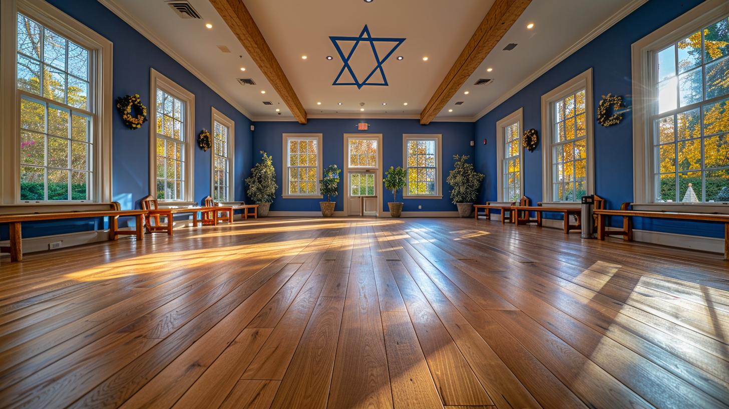 Colorful stained glass window featuring a prominent Magen David design